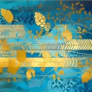Sheer silk chiffon shawl, deep blue, yellow and gold large shawl, Gift for Woman, Botanique image 5