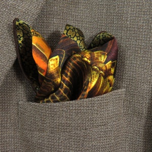 Gold Silk Pocket Square, "Altar II in Gold" Fractal Silk Handkerchief, unique gift for men, small silk scarf