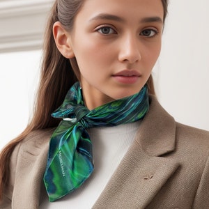 Small Emerald Green Silk Scarf, &quot;Reaction&quot;, Fractal design, 16&quot; Square Neckerchief, gifts for her, wrist scarf, purse scarf