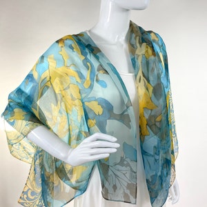 Light Silk Shawl for women in Blue and Yellow, sheer chiffon wrap, thank you gift image 3