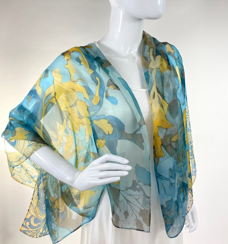 Light Silk Shawl for women in Blue and Yellow, sheer chiffon wrap, thank you gift image 3