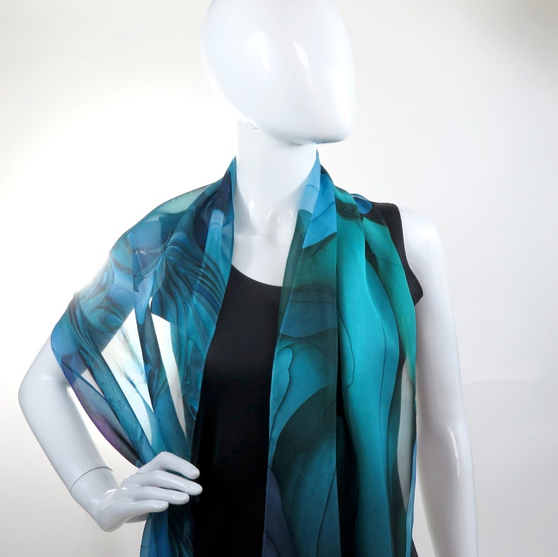 Sheer Blue-Green Silk Scarf, Scarves for women, lightweight Oceanic Blue silk shawl image 4