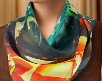 Bright Orange & Green Sheer Silk Scarf, Gift for wife, coworker gift, friend gift, retirement