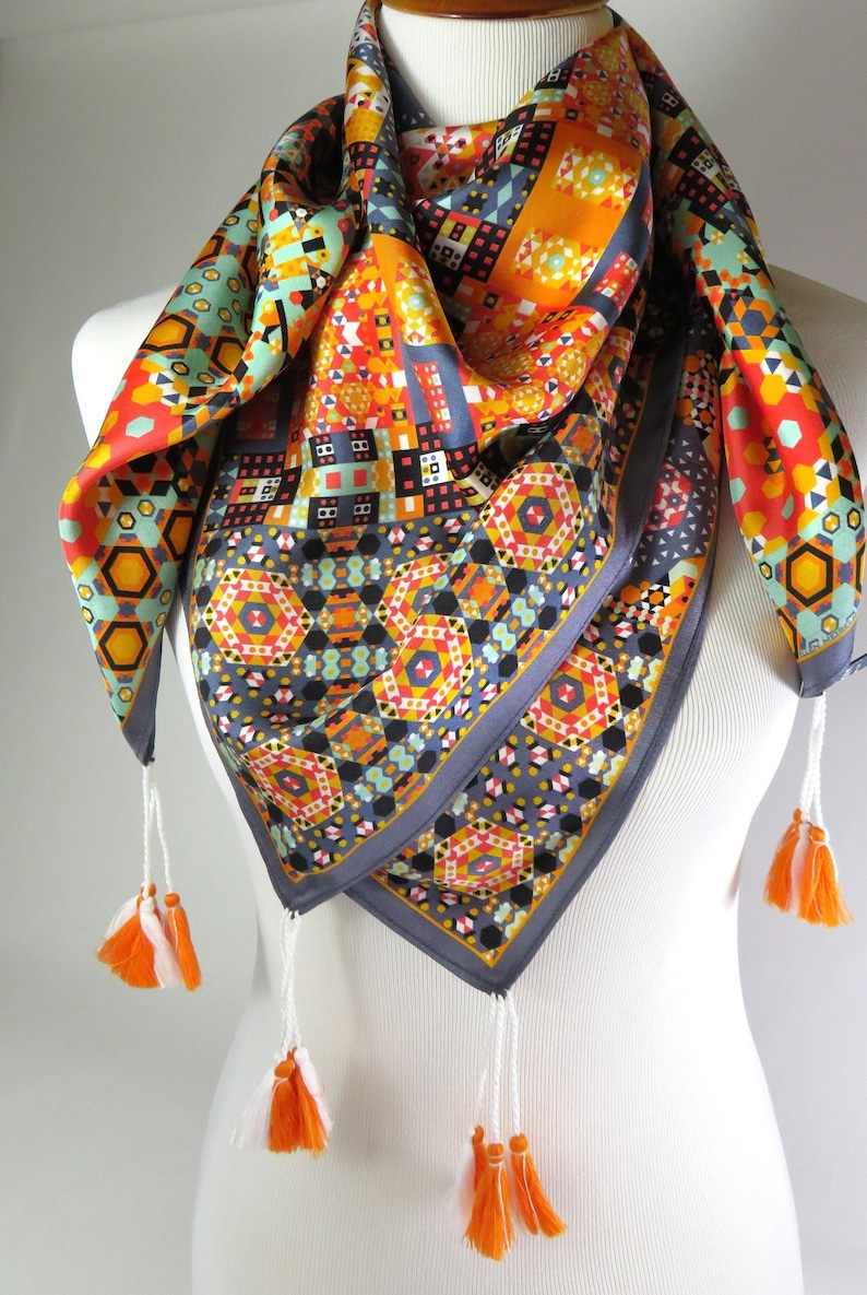 Silk Twill Scarf With Tassels Doublesided 36 Square Etsy