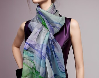 Long translucent silk chiffon scarf, white with violet, blue and green, Gift for Woman, "Ink and Water III"