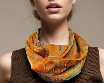 Orange and Green 26" Silk Scarf, gift for woman  "Architectonic in Orange"