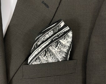 Pure Silk Pocket Square , Black and White silk handkerchief, "Monochrome Fractal," Unique gifts for Men, Husband gift