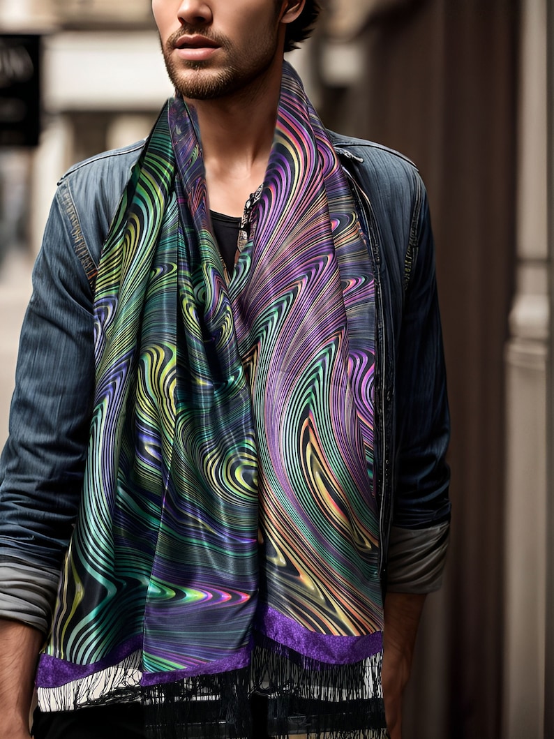 May include: A black scarf with a colourful abstract swirl pattern. The scarf has a purple fringe and is worn around the neck of a person.