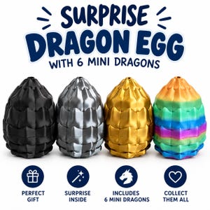 May include: Four textured, egg-shaped containers in black, silver, gold, and a rainbow gradient. The text reads SURPRISE DRAGON EGG WITH 6 MINI DRAGONS, PERFECT GIFT, SURPRISE INSIDE, INCLUDES 6 MINI DRAGONS, and COLLECT THEM ALL with icons.