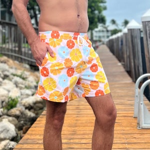 Sunrise swim shorts; men’s tropical print retro 70s flower swim trunks