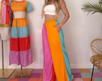 Colorblock Wide Leg Pants | Pink Orange Teal Palazzo Pants | Festival Pants | Comfy Elastic Waist Pants with Pockets | Retro Lounge Pants