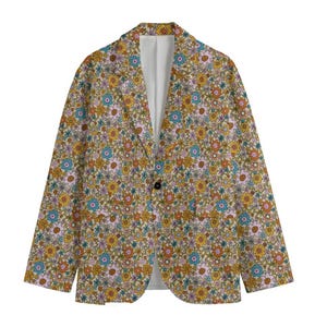 May include: A floral print blazer featuring a colorful pattern of flowers in shades of yellow, blue, orange, and pink. The blazer has a single-button closure and a notched lapel. The jacket is a standard fit.