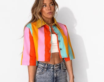 Color Therapy Wavy Striped Cropped Denim Jacket: Lightweight Cotton Street Wear