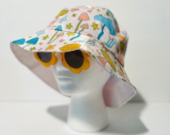 Mushroom daisy bucket hat; cute soft 90s style hat with blue and green mushrooms; aesthetic; 90s; 2000s; retro; unisex