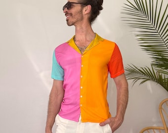 Color Block Cotton Button Down Shirt; Pink Blue Yellow Green Resort wear