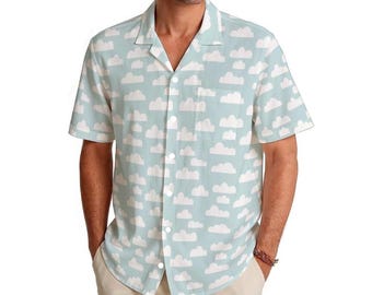 men’s cloud button down shirt and shorts outfit; festival, resort,  casual outfit