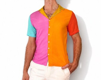Color Block Cotton Button Down Shirt; Pink Blue Yellow Green Resort wear