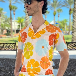 Sunrise button down collared shirt; retro floral print lightweight colorful shirt; vacation wear; unisex shirt