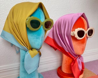 Retro Color Block Head Scarf | Silky Vintage Inspired Hair Scarf | Bold Handmade Neck Tie | Dopamine Dressing Accessory | Retro Babe Style