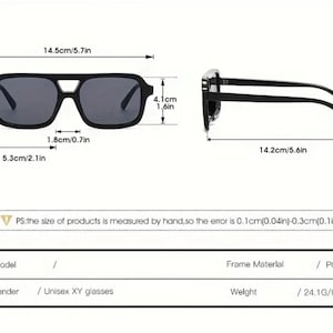 May include: Black unisex XY glasses with a square frame. The glasses measure 5.7 inches wide, 1.6 inches high, and 5.6 inches long. The frame material is PC, and the weight is 0.85 ounces.