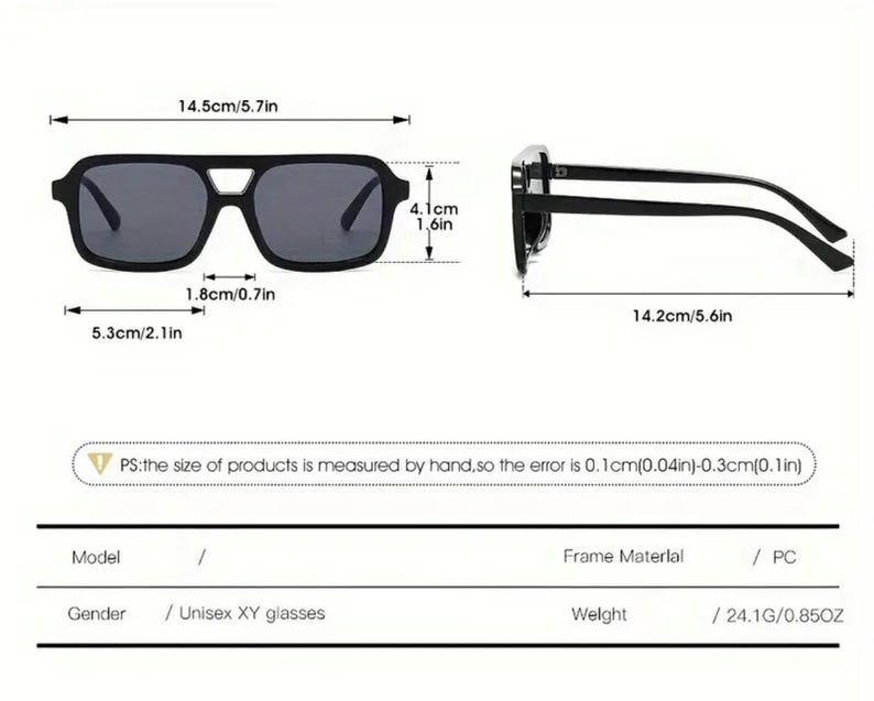 May include: Black unisex XY glasses with a square frame. The glasses measure 5.7 inches wide, 1.6 inches high, and 5.6 inches long. The frame material is PC, and the weight is 0.85 ounces.