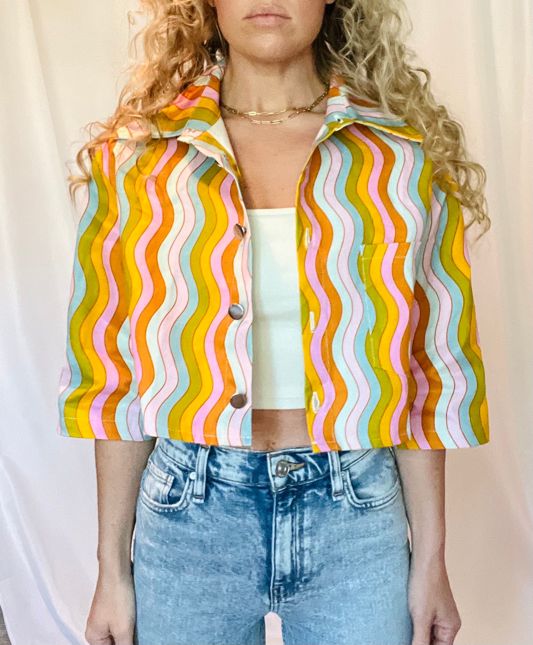 wavy rainbow cropped light denim jacket; lightweight cotton jacket with buttons and pocket; Barbie