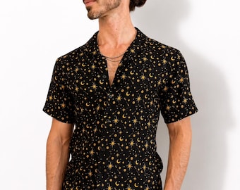 Celestial Cotton Button Down Shirt: Sun, Moon, Stars - Black