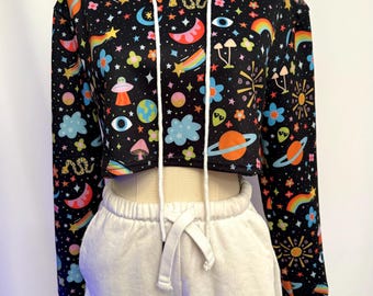Cosmic Cropped Hoodie: Trippy Alien, Mushroom & Rainbow Print