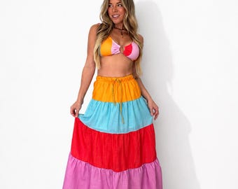Colorblock Tiered Maxi Skirt with Pockets | Rainbow Skirt | Boho Festival Skirt | Elastic Waist Skirt | Retro Summer Skirt