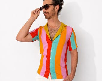Color Therapy Wavy Stripes Cotton Button Down Shirt; Pink Blue Yellow Green Resort wear