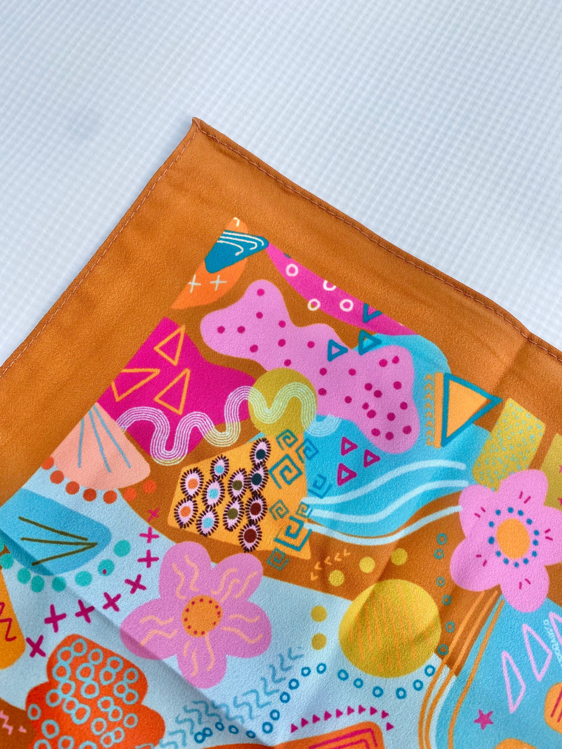 ambien doodles scarf; cute abstract print headscarf with 90s inspired colorful doodles; neon; 80s; brown square kerchief