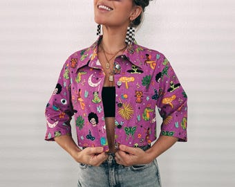 Hulaween Cropped Denim Jacket: Trippy Mushroom Music Fest - Cotton Blend