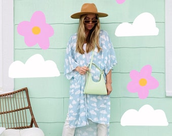 Dreamy cloud kimono; cute 90s aesthetic blue and white cloud robe or beach coverup