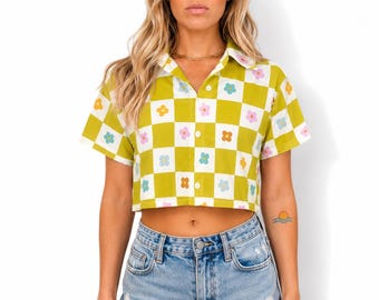 Checkered Floral Crop Top: chartreuse green 70s Retro Button-Down Shirt