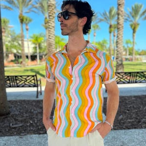 Wavy rainbow button down collared shirt; lightweight colorful shirt; vacation wear; unisex shirt