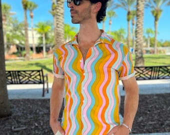Wavy rainbow button down collared shirt; lightweight colorful shirt; vacation wear; unisex shirt