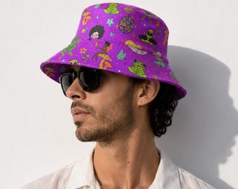 Hulaween Bucket Hat: Festival Fairy, Frog, Mushroom Trippy Design Halloween theme