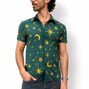 Celestial Button-Up Shirt: Retro Sun, Moon, Stars Print