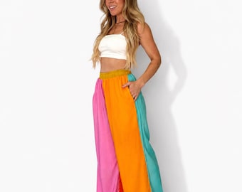 Colorblock Wide Leg Pants | Pink Orange Teal Palazzo Pants | Festival Pants | Comfy Elastic Waist Pants with Pockets | Retro Lounge Pants