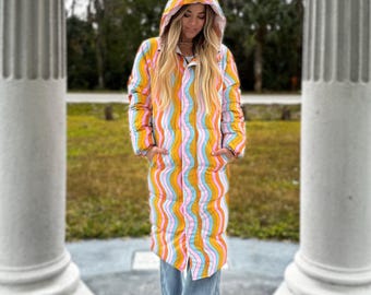 Wavy Rainbow Puffer Coat: Long Trippy Festival Winter Jacket