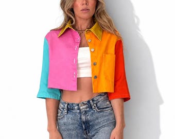 Color Block Cropped Denim Jacket: Lightweight Cotton Street Wear