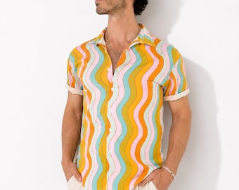 Retro Wavy Rainbow Shirt: Button-Down