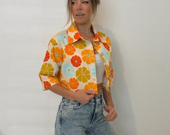 Sunrise Print Cropped Denim Jacket: Retro Floral Cotton Coat