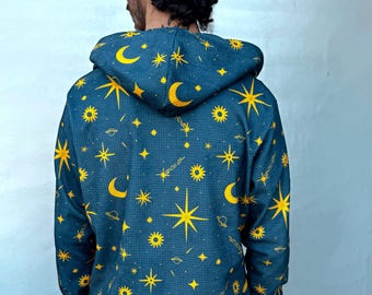 celestial hoodie; super soft lightweight sweatshirt with moons stars sun pattern; 90s