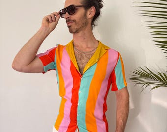 Color Therapy Wavy Stripes Cotton Button Down Shirt; Pink Blue Yellow Green Resort wear