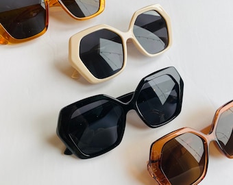 Hexagon sunglasses; oversized sunglasses orange black brown white 70s style