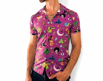 Hulaween Festival Button-Down Shirt and shorts: Retro Psychedelic Design