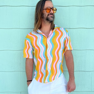 Wavy rainbow button down collared shirt; lightweight colorful shirt; vacation wear; unisex shirt