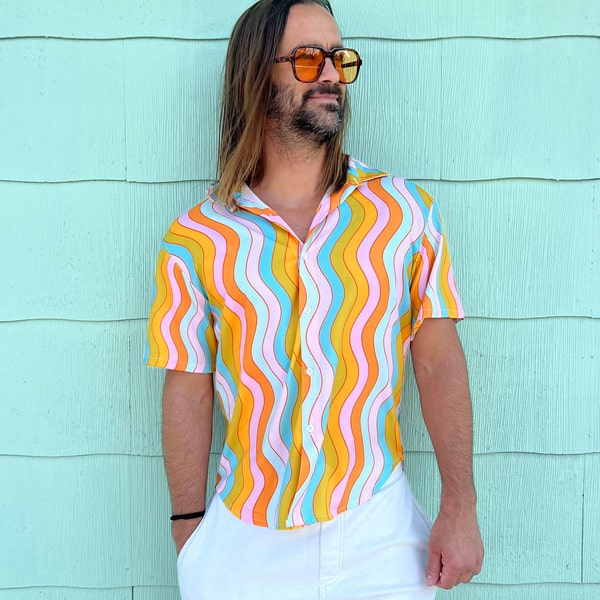 Wavy rainbow button down collared shirt; lightweight colorful shirt; vacation wear; unisex shirt