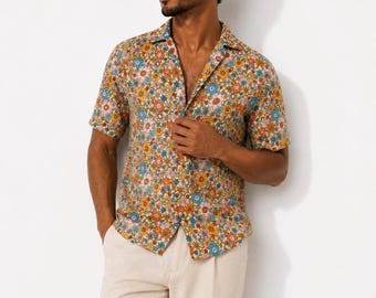Retro Floral Rayon Button-Down Shirt: Unisex Vacation Wear